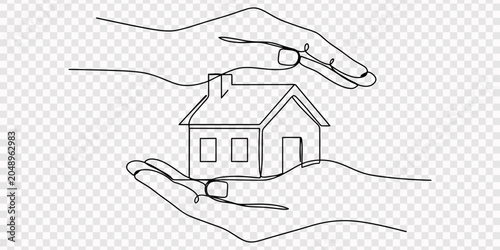 Принти на полотні Hand holding a house icon with one continuous line drawing, representing home ownership and real estate concepts, One line drawing of Hand holding a small house