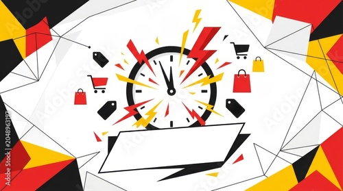 Flash Sale Promotional Banner with Clock and Shopping Icons