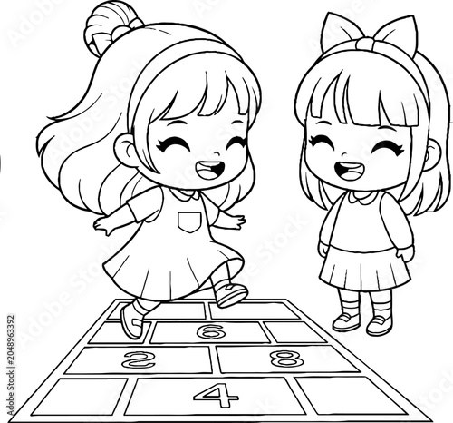Two Happy Cartoon Girls Playing Hopscotch Together Outside.