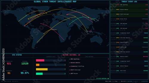 Cybersecurity dashboard animation featuring a global threat intelligence map and live attack log