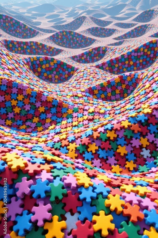 Obraz premium Vibrant puzzle pieces form flowing, undulating waves