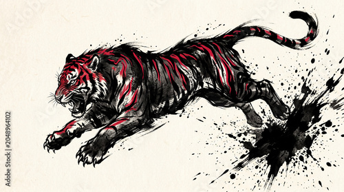 Aggressive Tiger Illustration with Ink Splatter Effect.