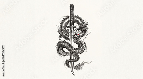 Dragon and Katana Sword Illustration.