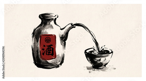 Traditional Japanese sake pouring from bottle into cup.