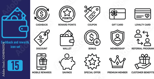 Cashback and rewards icon set, collection of financial and loyalty program symbols, vector illustration for business, shopping, and digital marketing