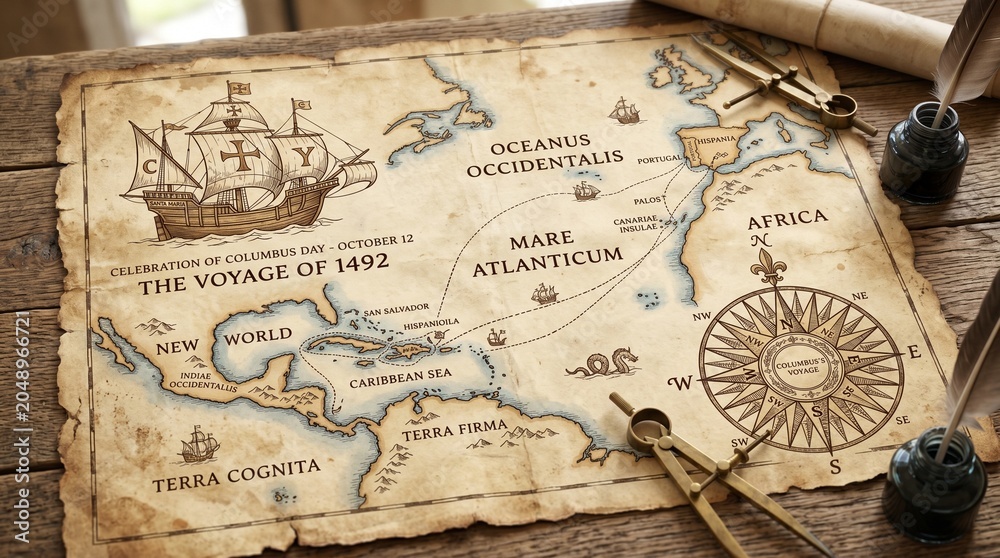 Obraz premium Vintage nautical map illustrating a historic voyage across the ocean