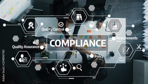 фотографія A diverse team works together at a modern workspace, focusing on compliance and quality control, surrounded by technology icons and collaborative tools