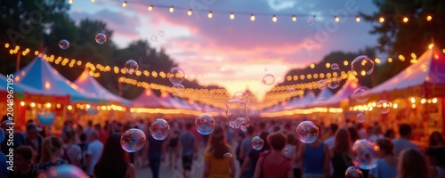 Outdoor carnival at dusk, with glowing string lights and iridescent bubbles floating over crowds. Tents and trees blur in soft bokeh background. Vibrant festive atmosphere.