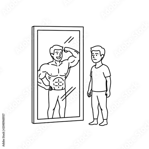 Man Sees Muscular Bodybuilder in Mirror, Self-Image Concept