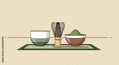 Matcha Tea Ceremony Set: Whisk, Bowl, and Powder on Tatami Mat