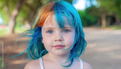 Young girl with colorful blue and orange hair.