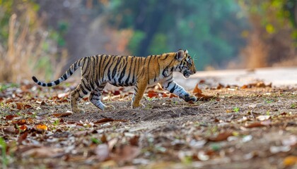 Tiger walking on forest floor terrain.