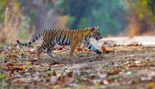 Tiger walking on forest floor terrain.
