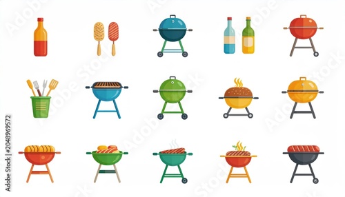 Colorful barbecue grill icons with food.