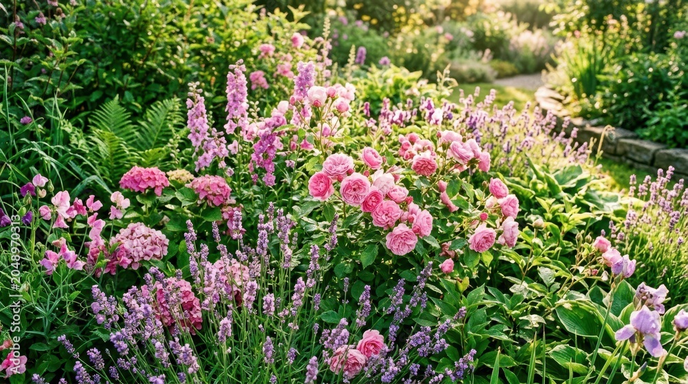 Obraz premium Lush garden bursting with pink roses, lavender, and hydrangeas in soft sunlight