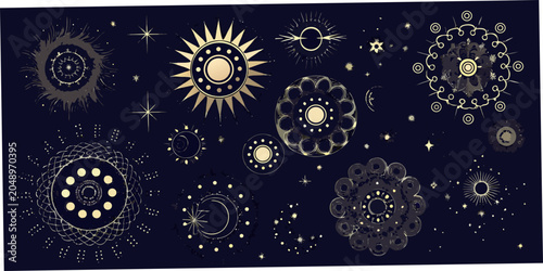 Photos Celestial sun designs and starbursts ornate vector illustration on dark backgrou