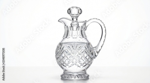 Elegant cut crystal claret jug or decanter with a handle and matching stopper, filled with clear liquid, isolated on a white background.
