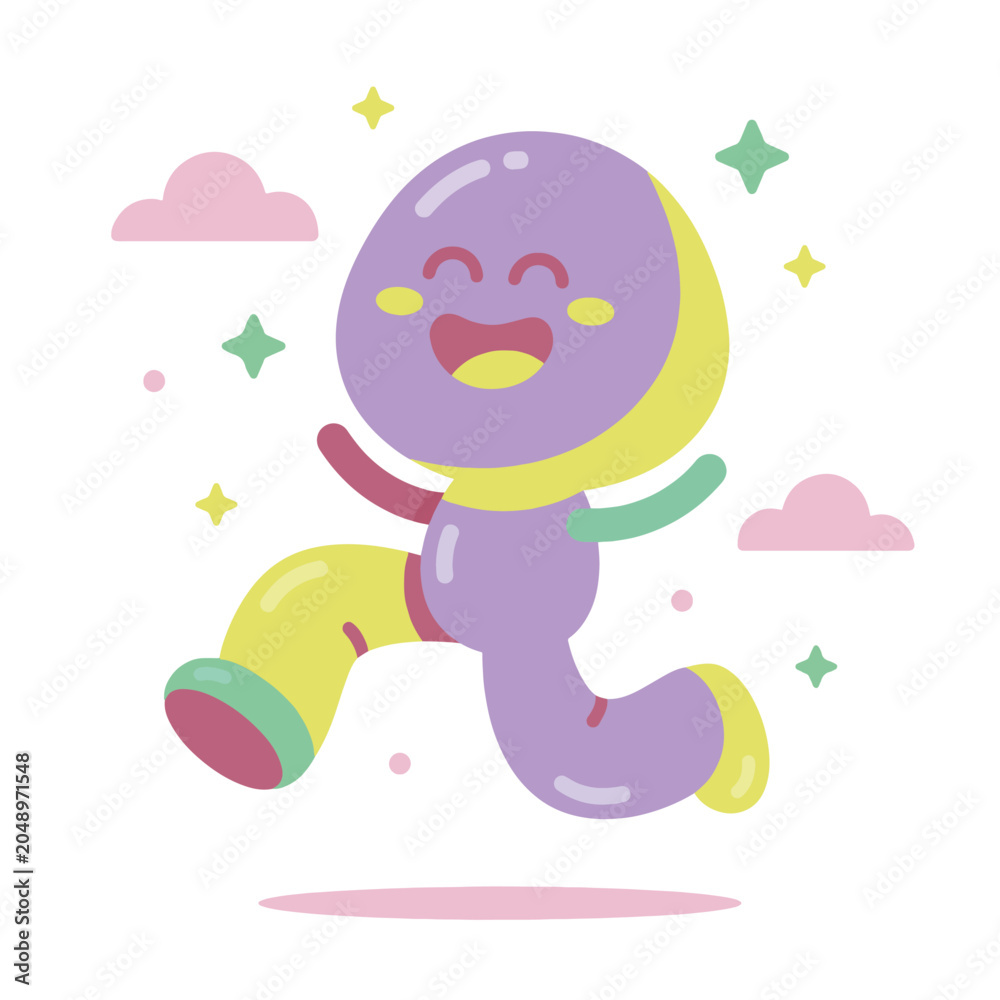 Fototapeta premium A funny cartoon illustration of a happy child boy and a smiling baby animal character having fun with toys in the summer sun, celebrating childhood love and a beautiful sky