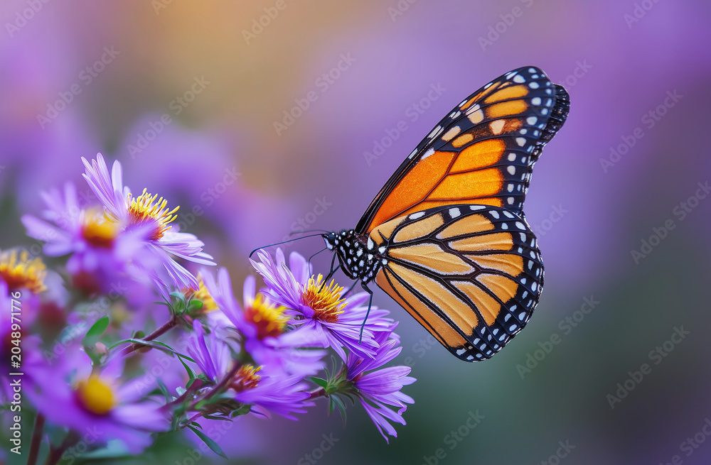 Obraz premium monarch butterfly with blue and black wings is perched on a purple flower. the butterfly is on the left, facing right. the flower has a yellow center