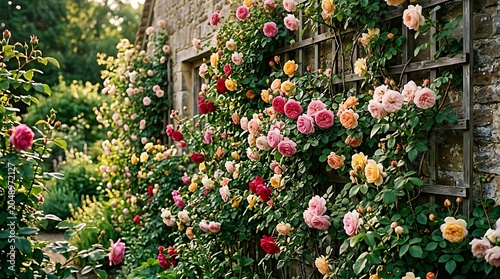beautiful climbing roses blooming on a wooden trellis against a stone cottage wall