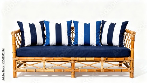 Rattan Sofa With Navy Cushion and Blue White Striped Pillows for Coastal Living Spaces