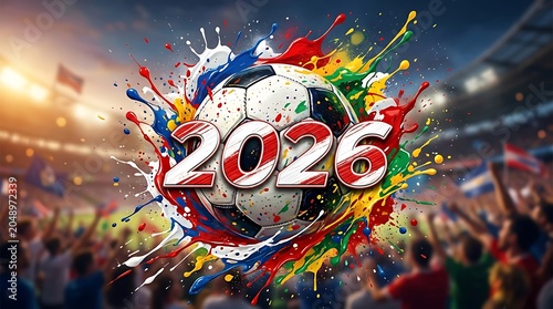 Soccer ball with colorful paint splatters and the year 2026 stadium background
