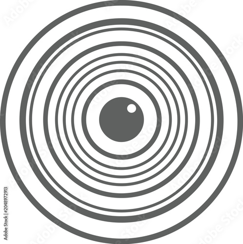 Simple black camera lens vector icon with concentric circles, minimal flat design, sharp edges, centered on white background, clean monochrome illustration, scalable vector artwork.