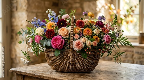 Colorful Bouquet of Summer Flowers in a Wicker Basket on a Rustic Table