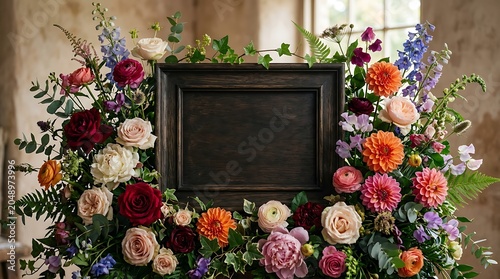 Elegant Dark Wood Frame with Vibrant Floral Arrangement Mock-up