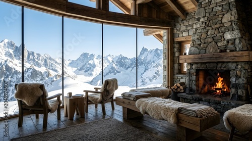Luxurious alpine chalet living room with floor-to-ceiling windows overlooking snow-covered mountains.