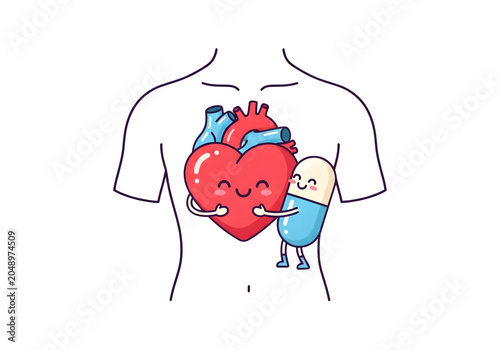 Cartoon illustration of a pill hugging a heart isolated on transparent background