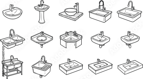 Slika na platnu Sink and Wash Basin Line Icon Collection – Bathroom, Kitchen and Utility Sink Ou