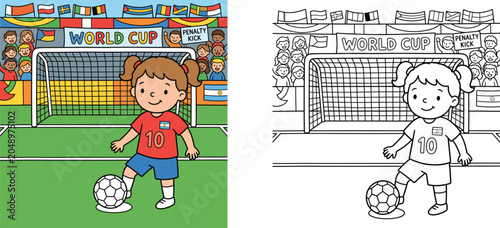 Foto Kids coloring page and colored vector illustration of a girl playing soccer in f