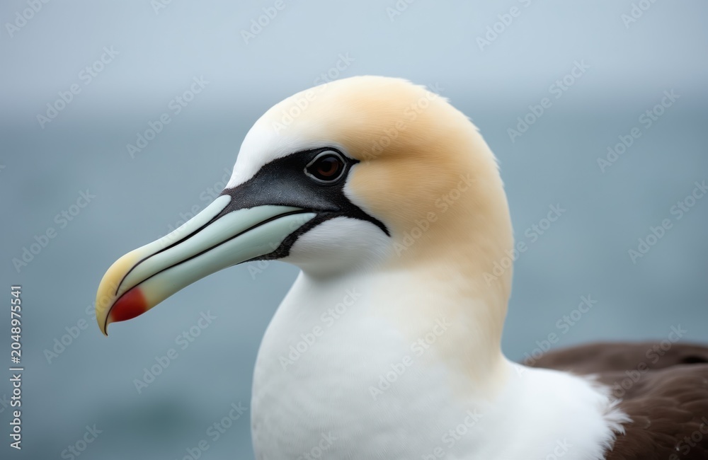 Fototapeta premium Laysan albatross bird portrait. White plumage neck, buff colored head, black eye mask, hooked beak. Ocean background blur. Seabird wildlife nature.