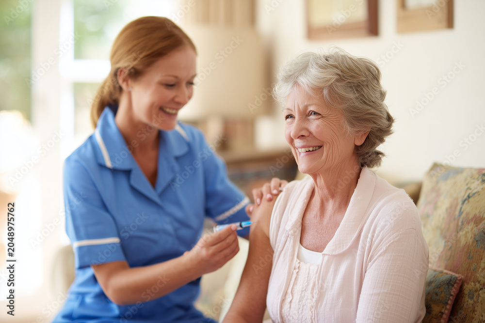 Fototapeta premium Nurse administering vaccine to senior woman at home. Elderly patient receiving immunization dose for preventive healthcare and healthy aging support.
