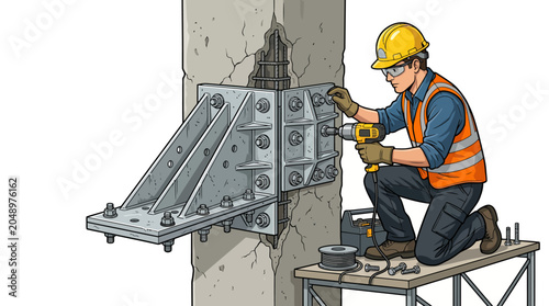 Konstfotografi Illustration of a construction worker in an orange vest and yellow hard hat tightening bolts on a metal bracket attached to a concrete pillar while kneeling on a scaffold
