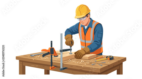 A construction worker in a yellow hard hat and orange vest works on a wooden plank with various tools on a table in a workshop.