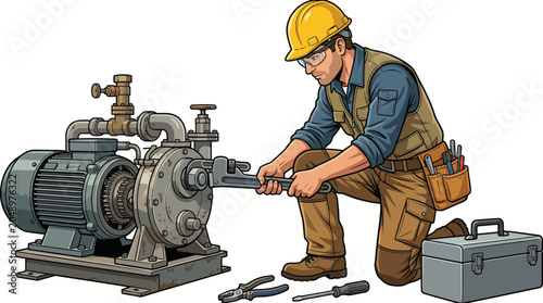 Photography An industrial worker in a yellow hard hat and brown overalls repairing a large industrial pump with tools on a clean white background