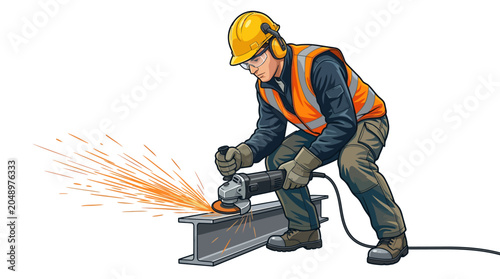 A construction worker in a yellow hard hat and orange safety vest uses a power tool to cut a metal beam with sparks flying, on a plain white background.