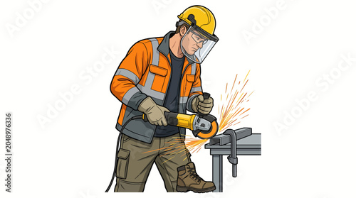 Illustration of a worker in safety gear using an angle grinder on a metal workpiece with sparks flying, against a clean white background.