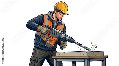 A construction worker in a yellow hard hat and orange safety vest uses a power drill on a wooden plank on a metal table.