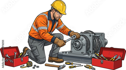 Canvastavla A male worker in an orange safety jacket and yellow hard hat kneels beside an industrial machine with tools scattered around him