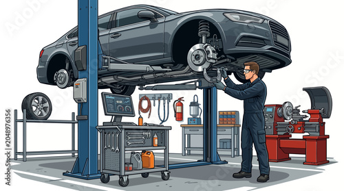 Mechanic in blue uniform inspecting car on a lift in a well-equipped garage with various tools and machinery.