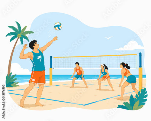 Beach volleyball at sunset shoreline