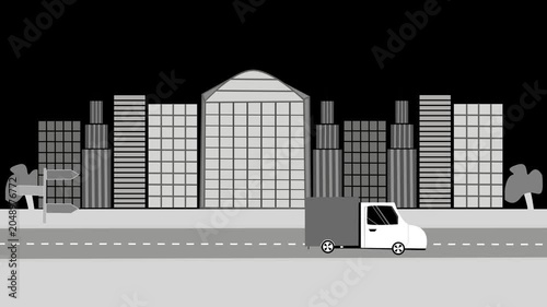 City skyline with modern office buildings and a delivery truck driving on a road in foreground animation