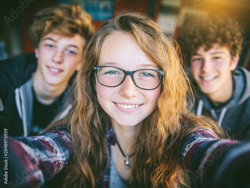 Three teenagers smiling and taking a selfie together indoors  