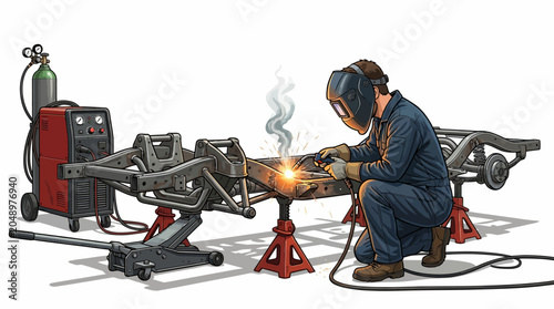 Φωτογραφία A welder in protective gear welding a metal frame with a tool on red supports and equipment in the background against a plain white setting