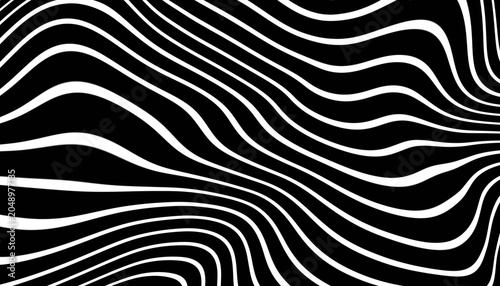 Fotografía Black and White Optical Illusion Swirl Pattern, Abstract Wavy Line Distortion Background, Monochrome Fluid Contour Art, Dynamic Op Art Movement Texture, Modern Hypnotic Wave Design