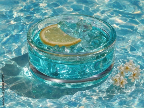 Glass bowl with ice and lemon slice in turquoise water  