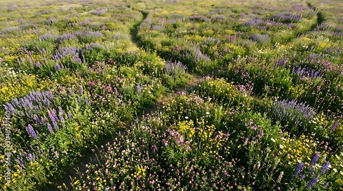 Scenic Meadow with a Path Winding Through Colorful Summer Wildflowers